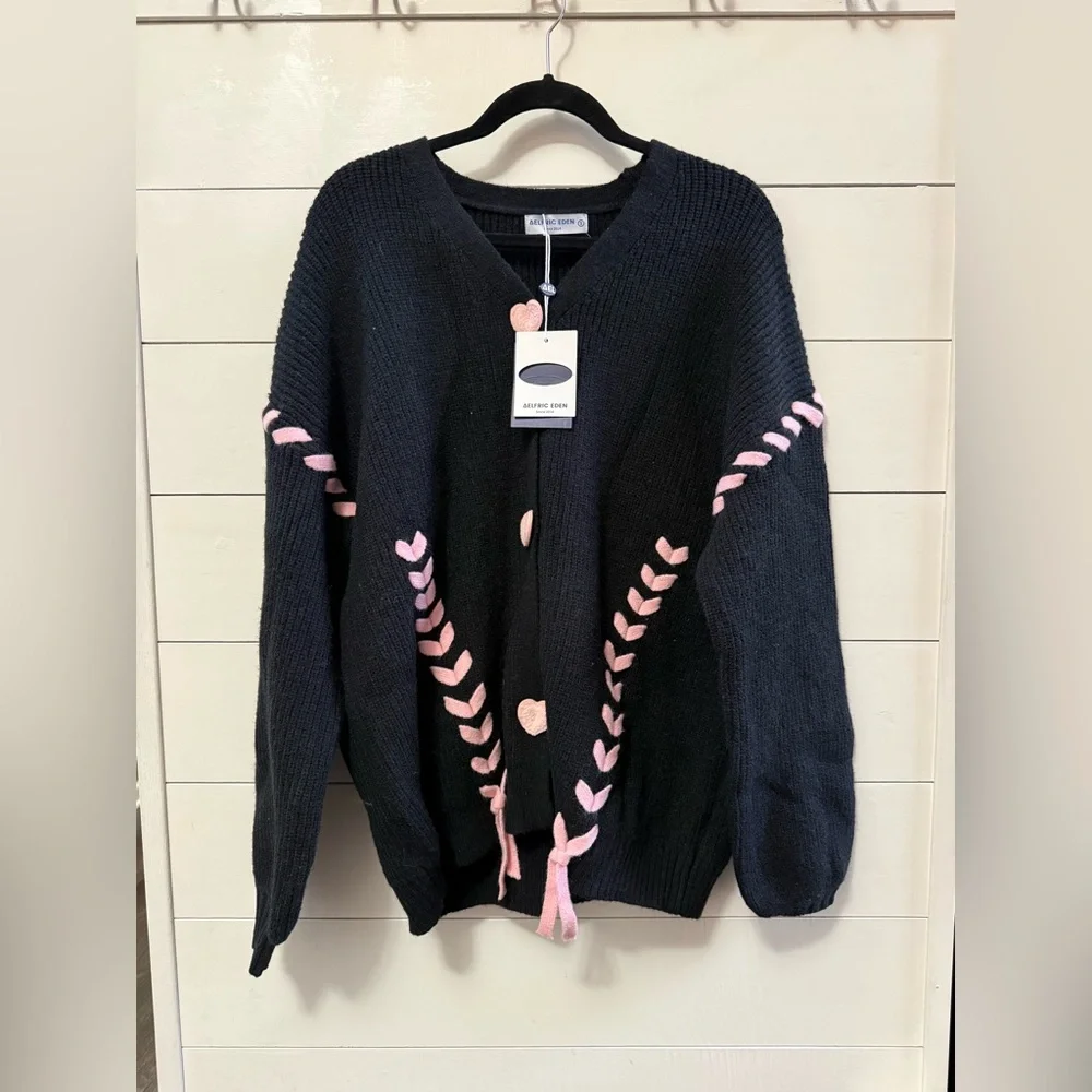 NWT Aelfric Eden Pink Black Hearts Ribbon Knit Sweater Cardigan Small Preppy - Picture 1 of 5